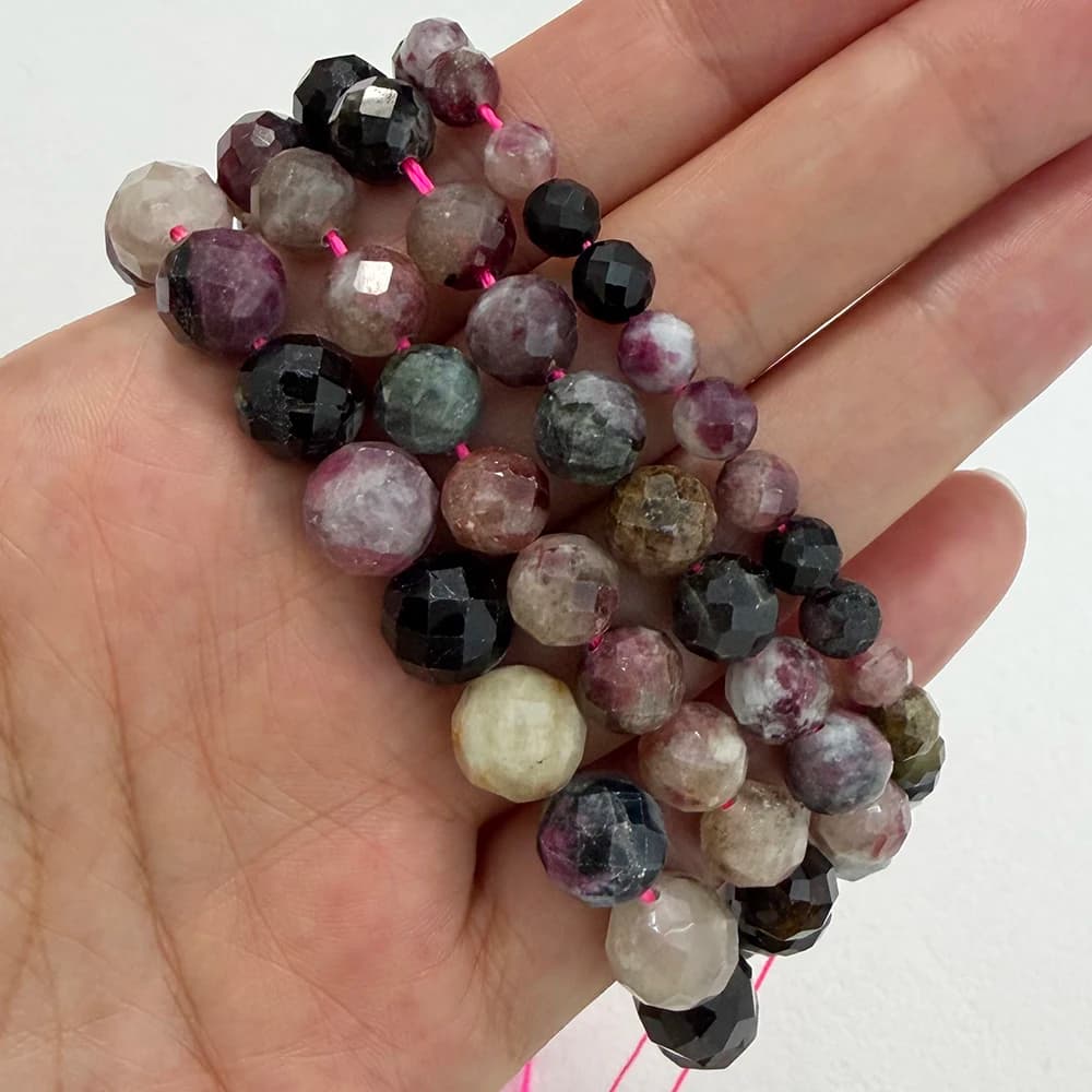 Perles Rondes en Pierre Semi-Tank à Facettes, Tourmaline Mixte, Qualité AA, 6, 8, 10mm, 7 Pouces