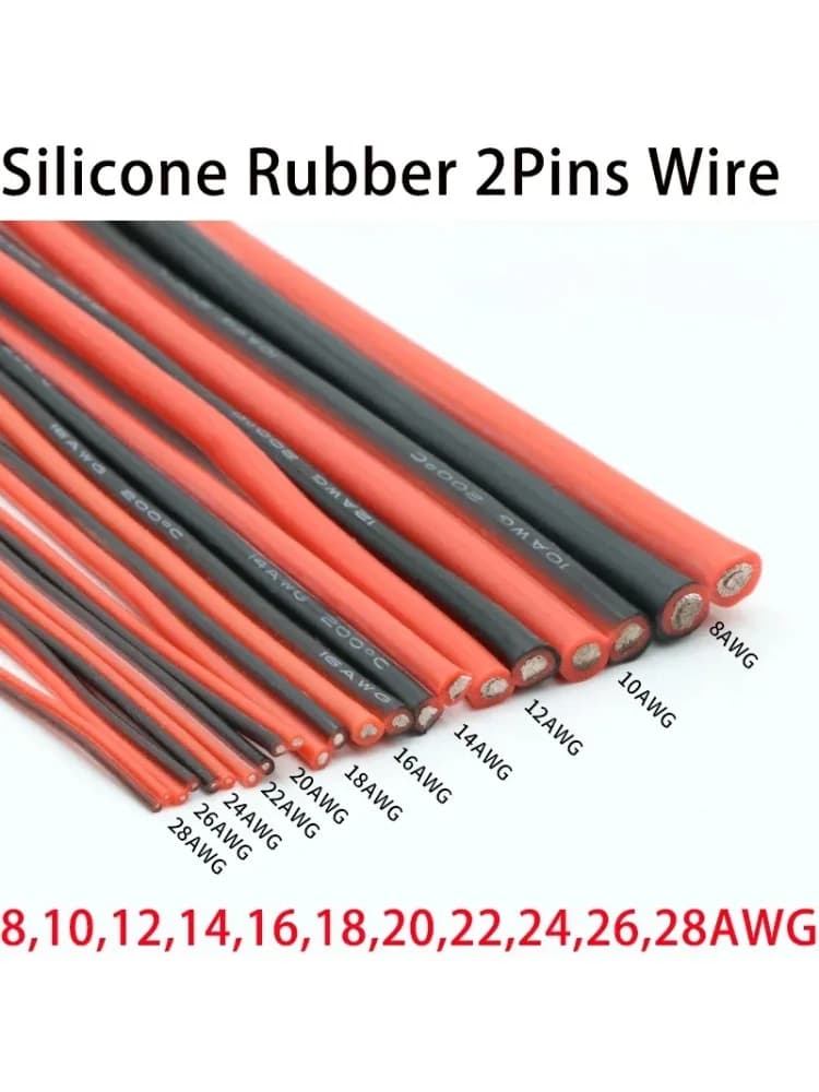 Fil électrique en cuivre et caoutchouc de Silicone souple, 1 à 10m, 2 broches, noir, rouge, AWG 8 10 12 14 16 18 20 22 24 26 28, câble de connecteur de lampe