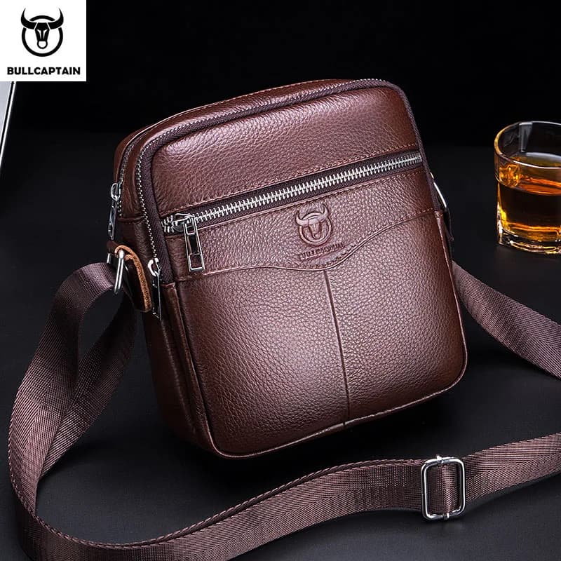 BULLCAPTAIN décontracté hommes messager sac à bandoulière de haute qualité matériel lisse poche à glissière en cuir sac à bandoulière pour hommes