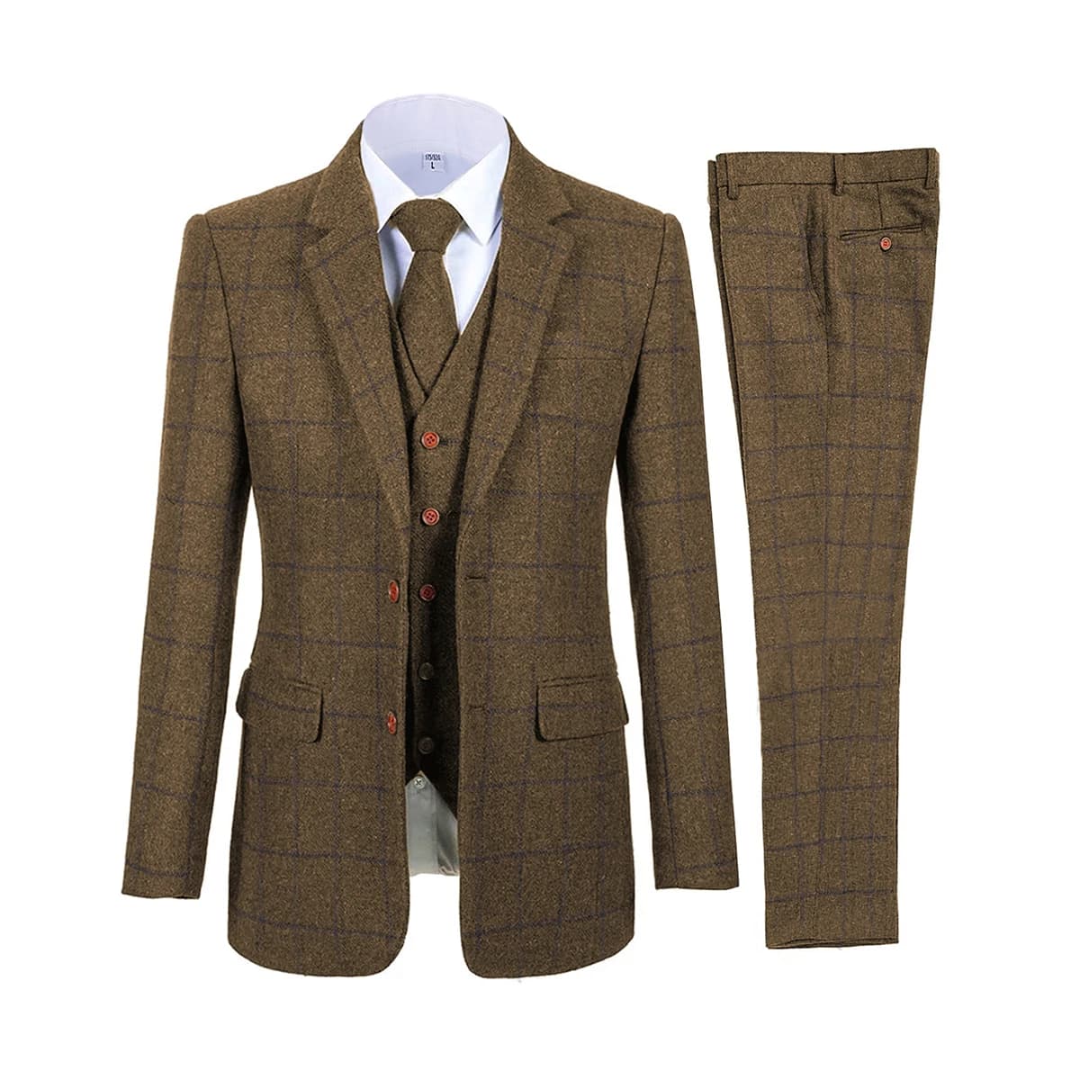 Costumes marron en Tweed pour hommes, trois pièces, Tuxedos à revers Vintage, costume de mariage d'hiver (Blazer + gilet + pantalon)