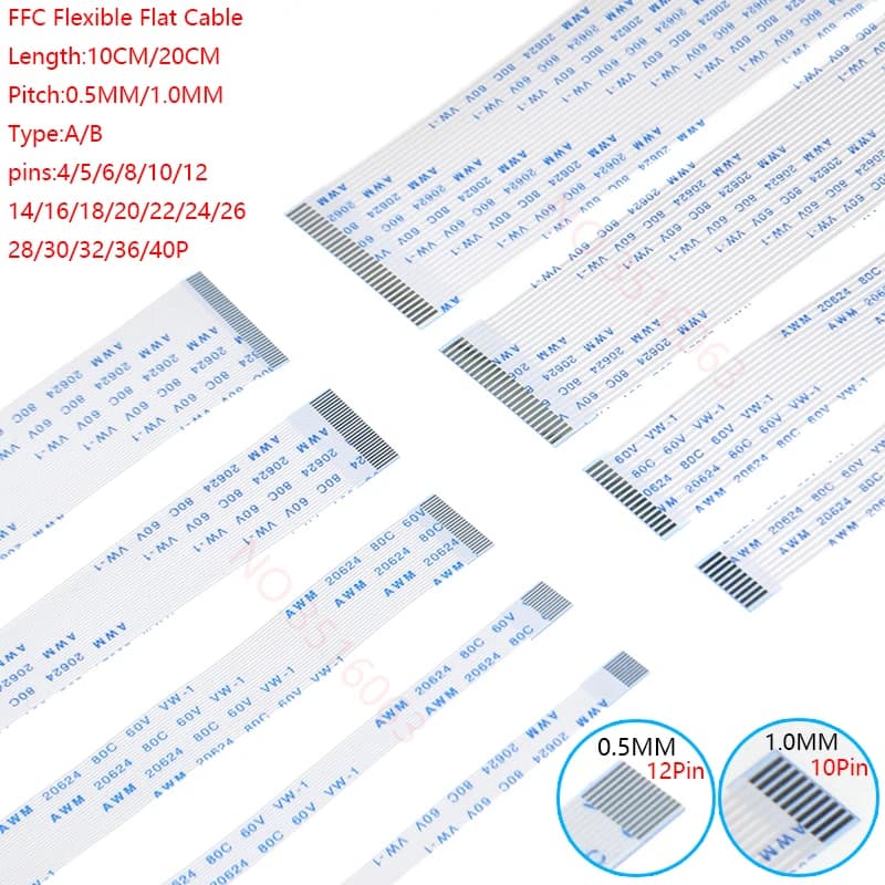 Câble plat flexible FFC, 60/100MM/200MM, pas de 0.5MM 1.0MM, Type A/B, 8P 10P 12P 16P 20P 40P FPC, 6/8/10/12/14/16/20/30/40 broches, 10 pièces
