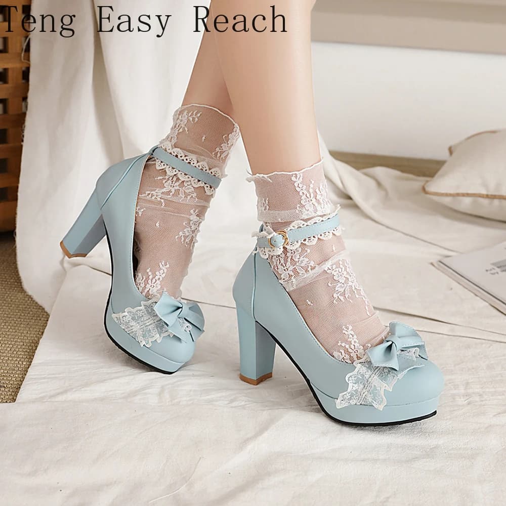 Été 2025 dames talons plate-forme mignon nœud dentelle princesse Mary Jane Lolita chaussures fête talon haut boucle femmes pompes filles doux 8