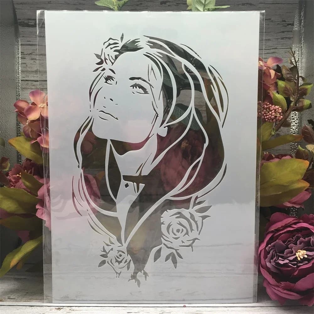 A4 29 cm Rose beau cheveux longs fille bricolage superposition pochoirs peinture murale Scrapbook coloriage gaufrage Album modèle décoratif