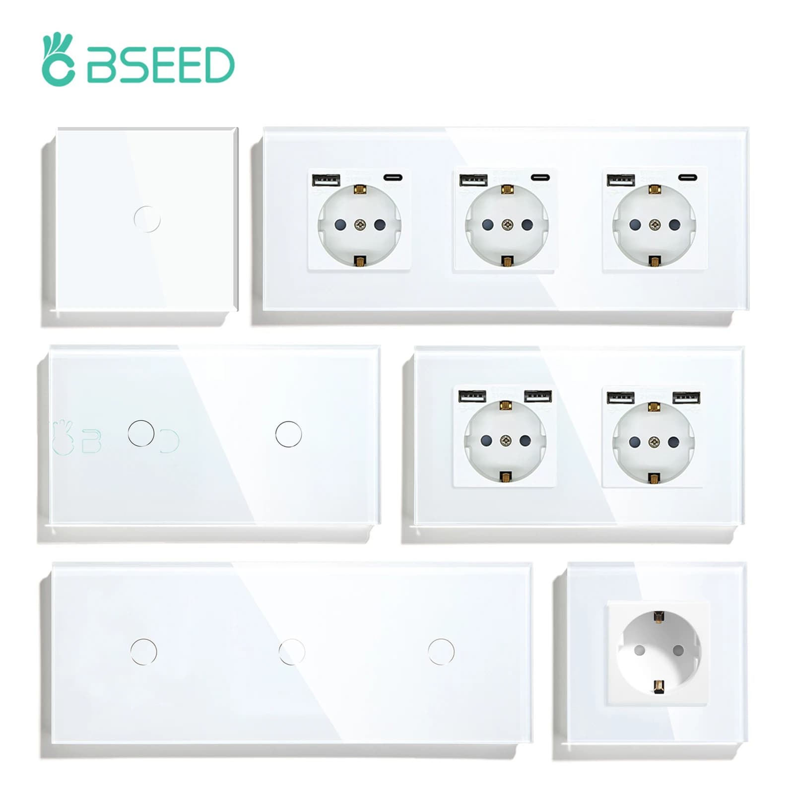 Interrupteurs tactiles BSEED avec rétroéclairage LED, prises murales EU, panneau en verre, charge maximale 300W, 1/2/3 gangs, 1 voie, interrupteurs d'éclairage LED