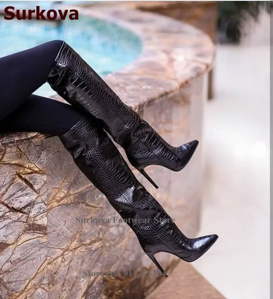 Surkova-Cuissardes en peau de serpent pour femme, chaussures provoqué sexy, crocodile, ciel, talon haut, Parker pointu, gladiateur, automne, hiver