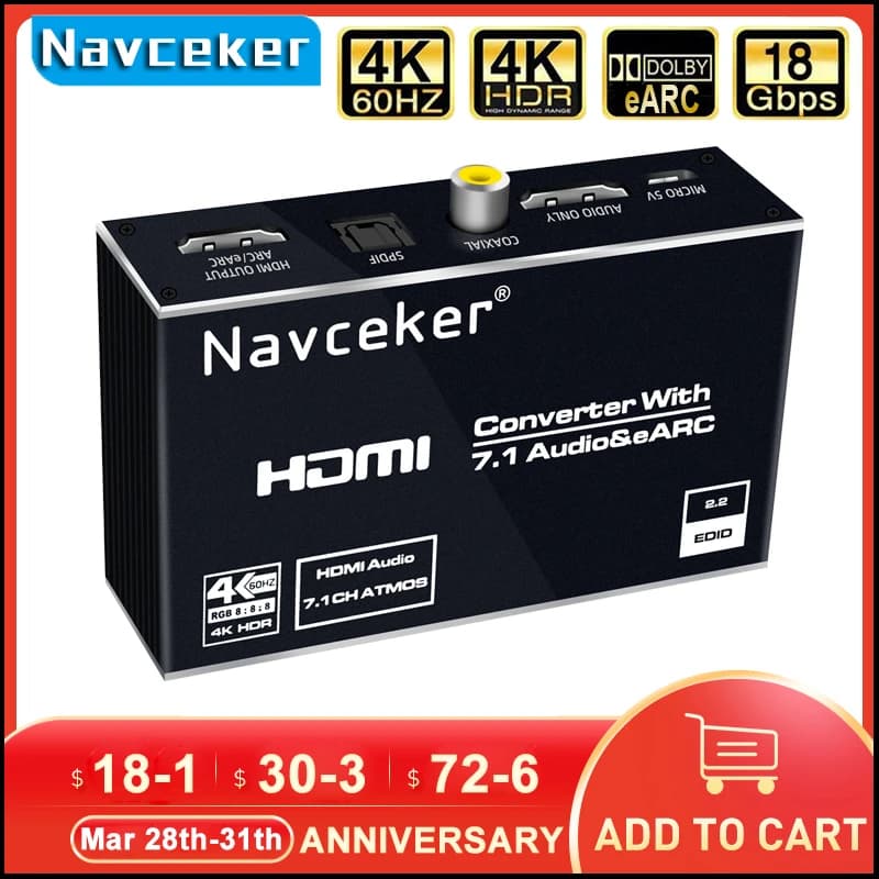 Extracteur audio HDMI 2.0 eARC 2026 – Meilleur répartiteur HDMI 4K 120Hz RGB8:8:8 HDR, convertisseur audio HDMI 4K vers optique TOSLINK SPDIF 7.1