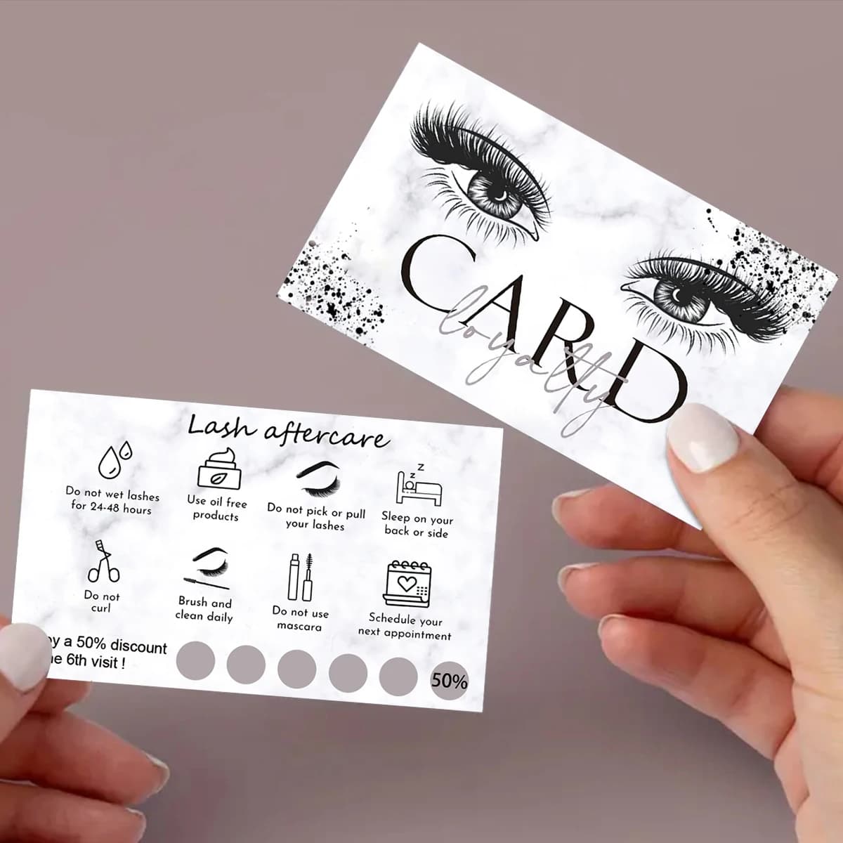 Carte de soins après-cils en marbre, 50 pièces/lot, carte de visite pour Extension de cils, carte de fidélité, vente en gros