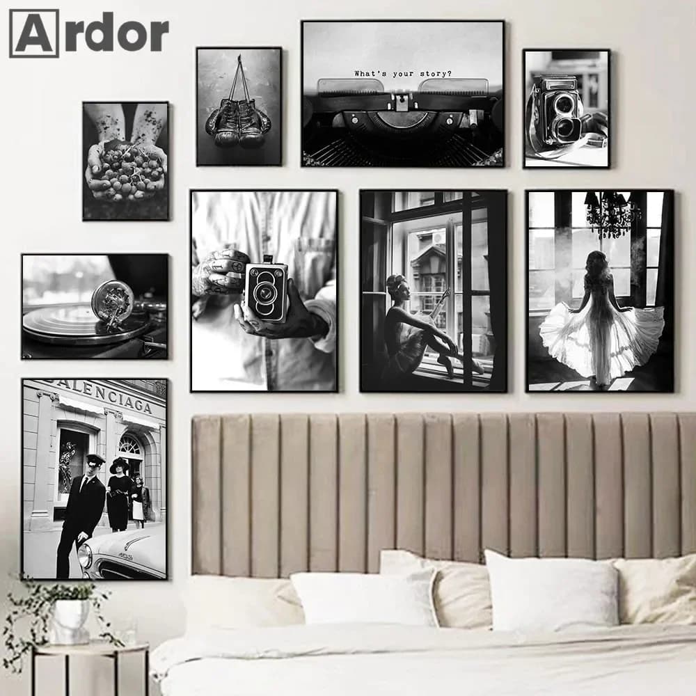 Toile de Ballet fille noir et blanc, peinture ancienne phonographe, imprimés d'appareil photo, gants de boxe, affiche, images d'art murales à la mode, décoration de maison