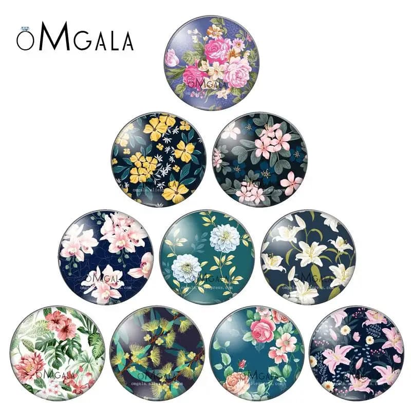 Cabochon rond en verre à dos plat avec jolis motifs de fleurs, photo de démonstration, résultats de direction, fond noir, 10mm, 12mm, 14mm, 18mm, 20mm, 25mm