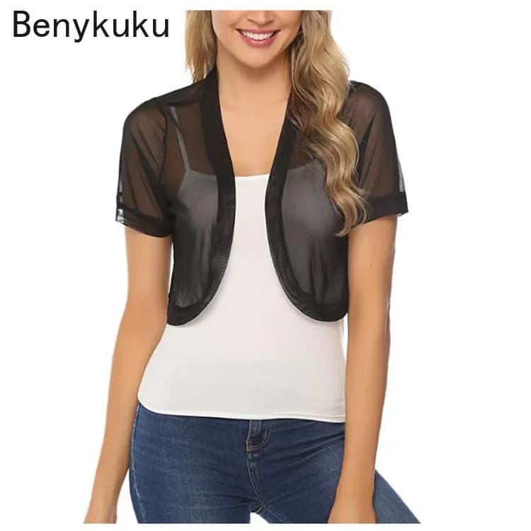 Châle en tulle fin pour femmes, haussement d'épaules pour femmes, vêtements de plage décontractés, crème solaire, manches courtes, cardigan court Yrer Embed, mode estivale