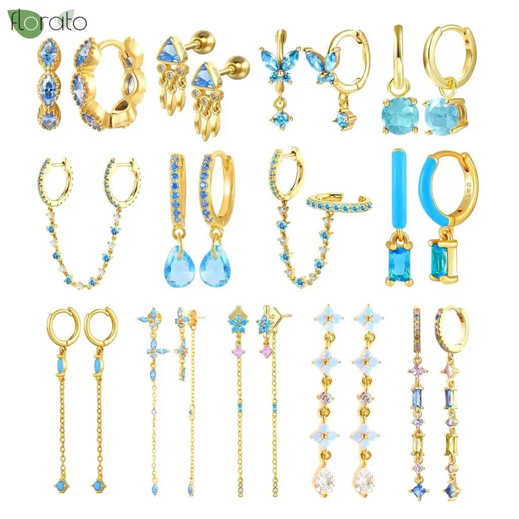 Boucles d'oreilles en argent Sterling 925 pour femmes, petites boucles d'oreilles couleur or, pendentif bleu d'été, nouveaux bijoux à la mode Aretes 2024