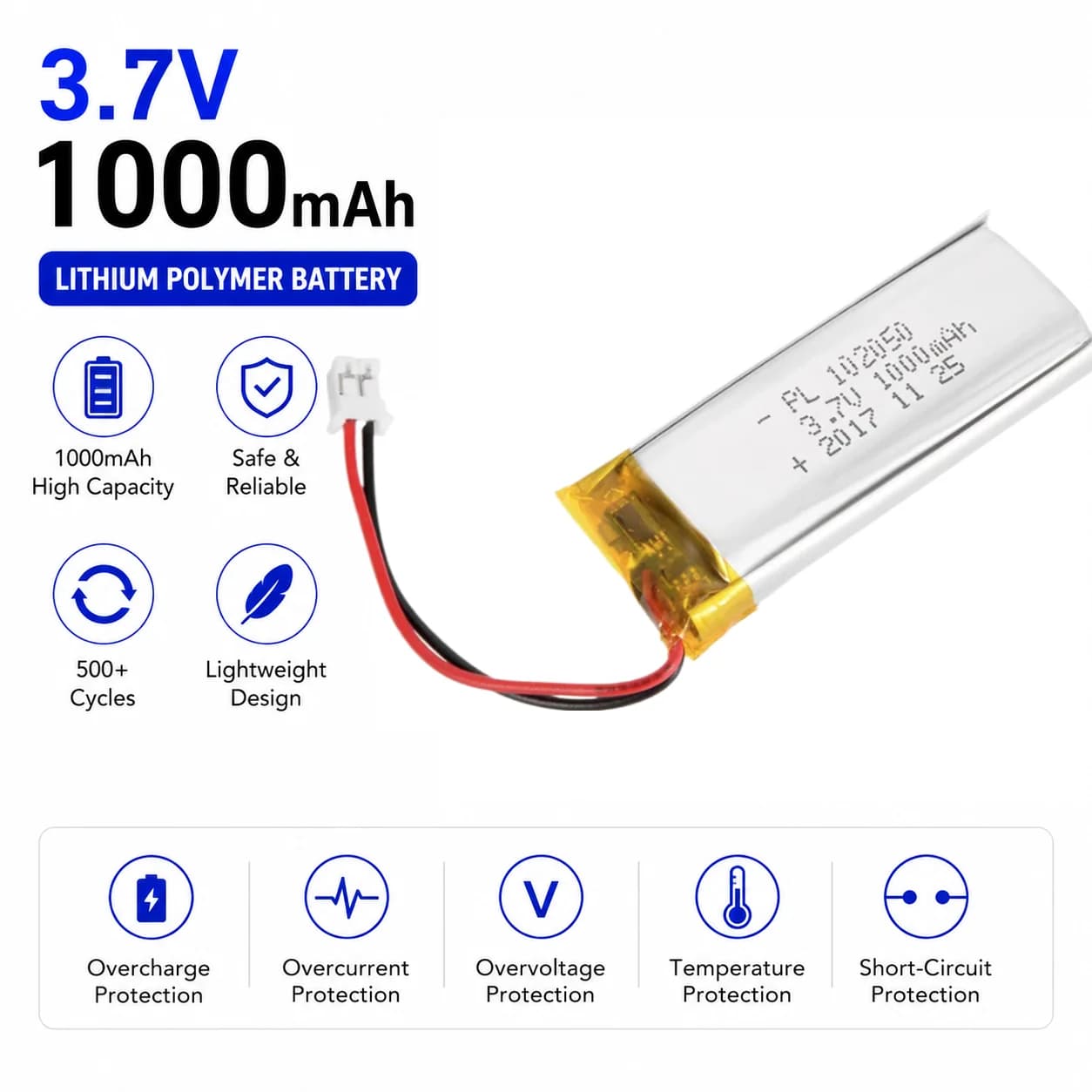 102050 Batterie Rechargeable au Lithium polymère, cellules Lipo 3.7V, 1000mah, pour stylo d'enregistrement GPS MP3, lumière LED, Instrument de beauté