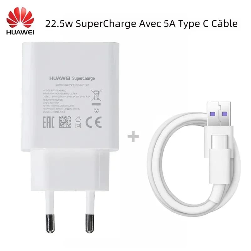 Huawei – chargeur rapide de superchararge P20 4.5V 5a, 22.5W, pour P20 Pro P30 P40 Lite Mate 10 Mate 20 30 Pro, câble de Type C, Original
