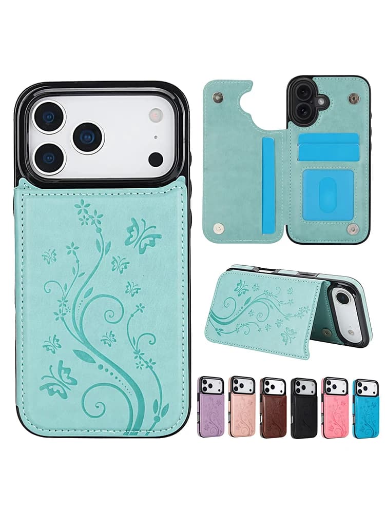 Portefeuille papillon presse avec fente pour carte Double boucle support étui en cuir à rabat pour iPhone 17 Pro Max Air 16e 16 Plus 15 14 13 12 11