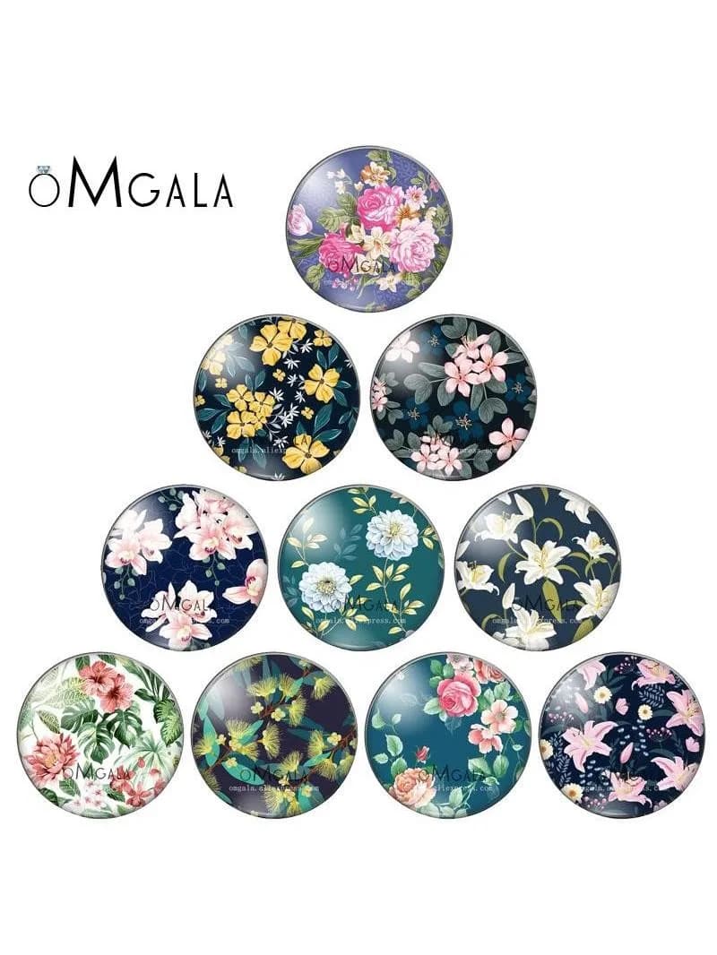Cabochon rond en verre à dos plat avec jolis motifs de fleurs, photo de démonstration, résultats de direction, fond noir, 10mm, 12mm, 14mm, 18mm, 20mm, 25mm