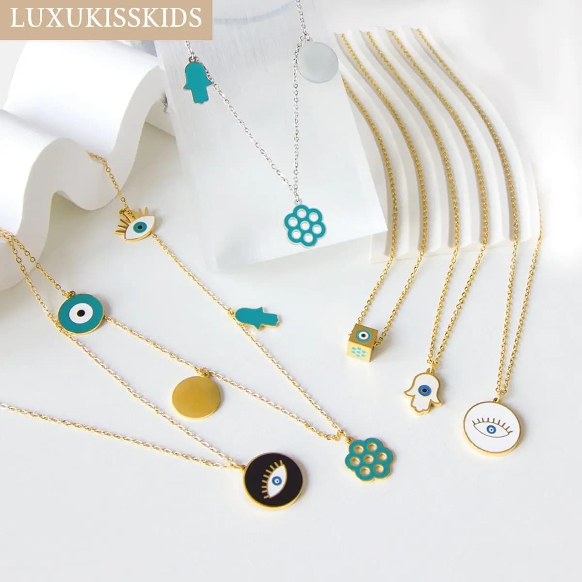 LUXUKISSKIDS-main de fatma collier acier inoxydables femme,Collier Hip Hop Yeux Turcs pour Femme, Acier Inoxydable, Breloques Porte-Bonheur Bleu, Tour de Cou, Main de Fatima du Hamas, Bijoux