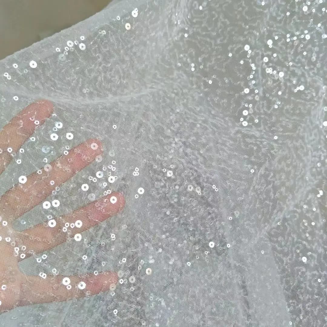Robe de mariée ivoire, tissu de dentelle à paillettes transparentes, robe de mariée en dentelle, vendu au mètre.