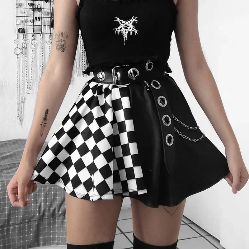 Jupe gothique sexy taille haute pour fille noire, jupe Harajuku Y2k, abonnés à la couture à carreaux, été