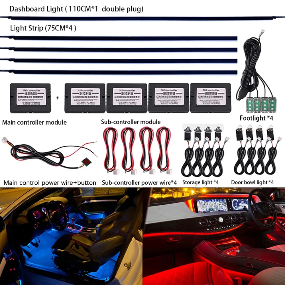18 en 1 lumière ambiante pour intérieur de voiture 64 couleurs respirer tableau de bord porte décoration LED bande lumières RGB Bluetooth App contrôle 12V