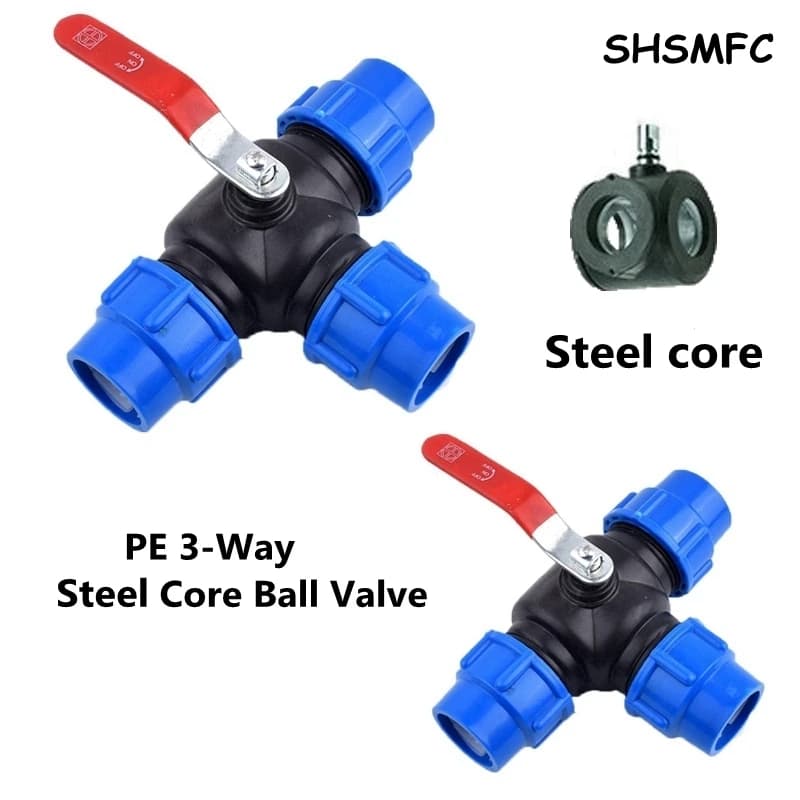 Vanne à bille à noyau en plastique et acier, tuyau d'eau, connecteur rapide à 3 voies, Type T, PVC PE, connexion rapide, 25mm 32mm 40mm 50mm, 1 pièce