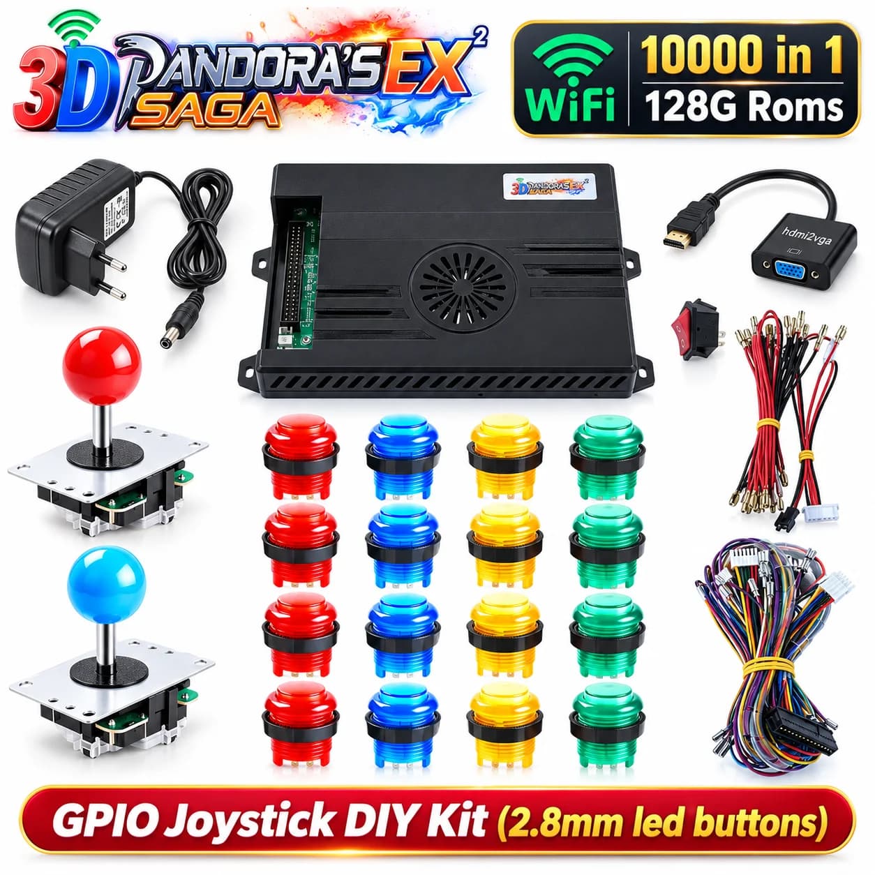 Console de jeu d'arcade 128 Go 3D Pandora Saga Box EX2 10000 en 1, kit DIY, joystick 8 directions, lumières LED, boutons, cabinet Bartop, 2 joueurs