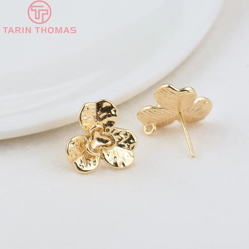 (2066) 6 pièces, 15 mm, couleur or 24 carats, en laiton, double couche, en forme de pétale, clous d'oreilles, accessoires de bijoux DIY de haute qualité