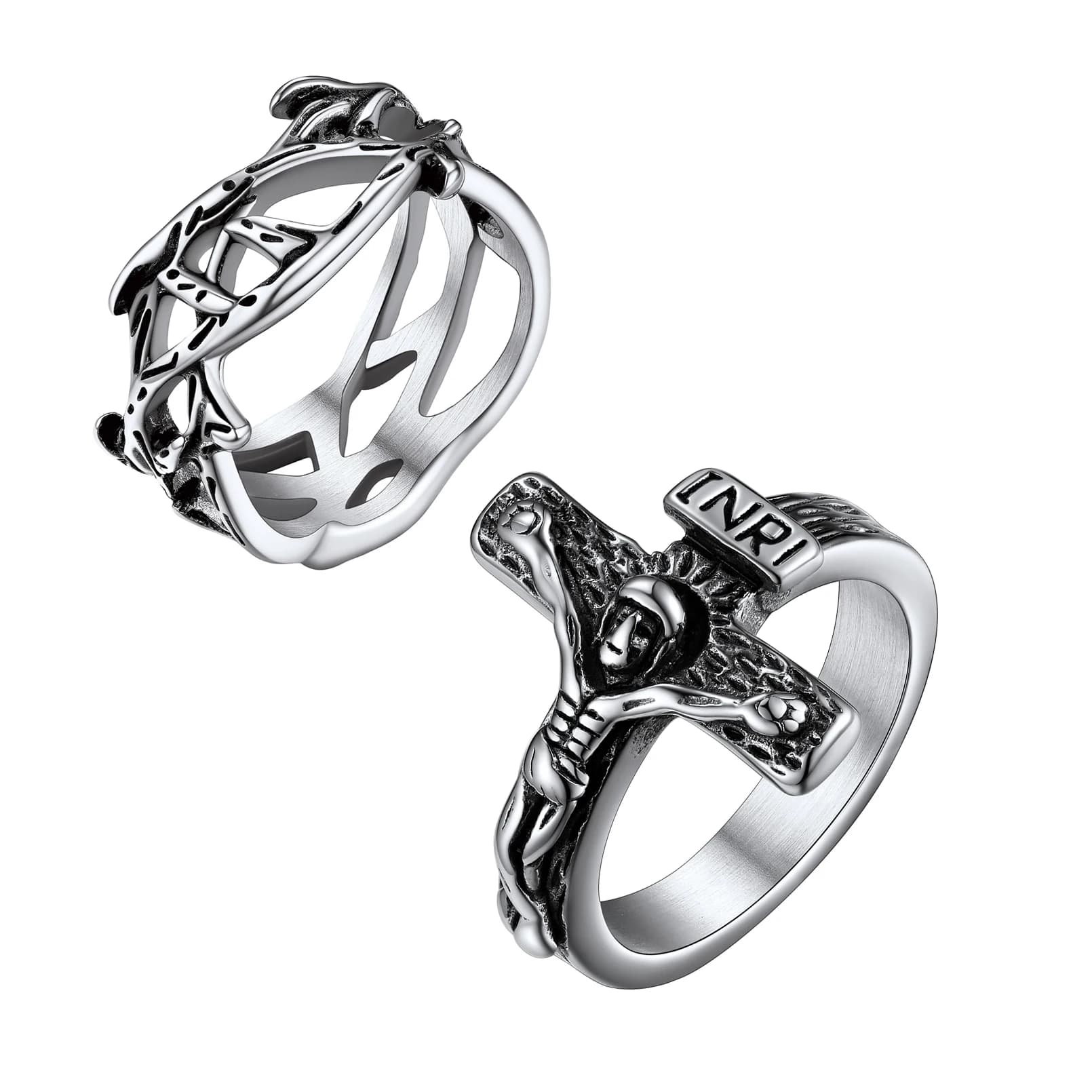 Bagues U7 Croix de Jésus Couronne d'épines 3D, Bagues Croix INRI Jésus pour Homme Femme, en Acier Inoxydable 316L, Bijoux Chrétiens, Cadeau