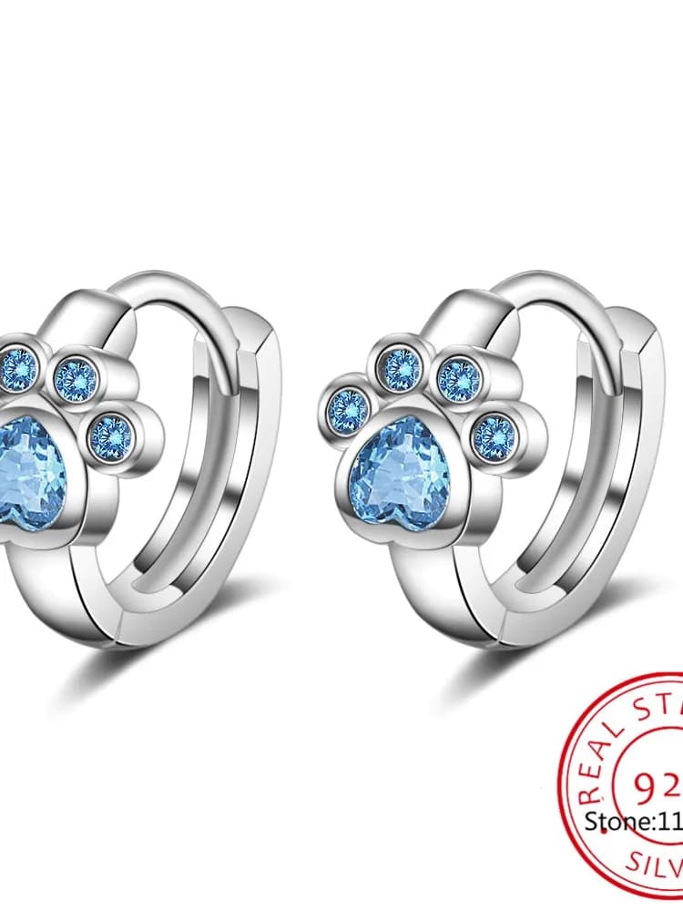 Boucles d'oreilles créoles patte de chat en argent regardé 925 pour enfants et femmes, boucle d'oreille bébé princesse, bijoux mignons, cristal bleu, animal de compagnie, fille
