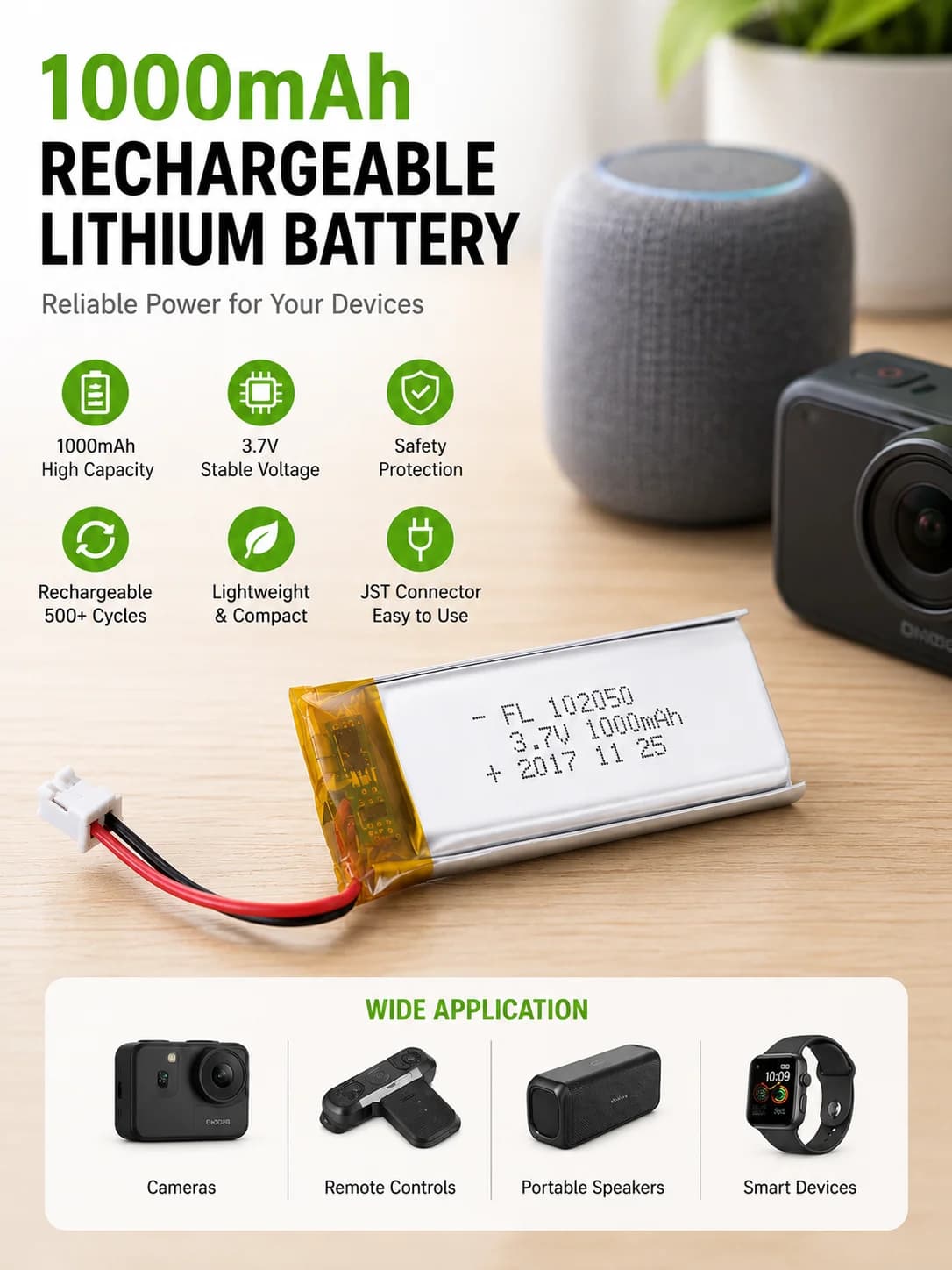 102050 Batterie Rechargeable au Lithium polymère, cellules Lipo 3.7V, 1000mah, pour stylo d'enregistrement GPS MP3, lumière LED, Instrument de beauté