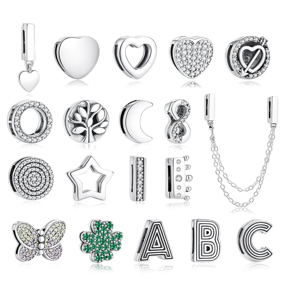 Breloques originales en argent sterling 925, clips plats, cœurs, papillons, lettres, chaînes, perles compatibles avec les bracelets de marque, bijoux DIY pour femmes.