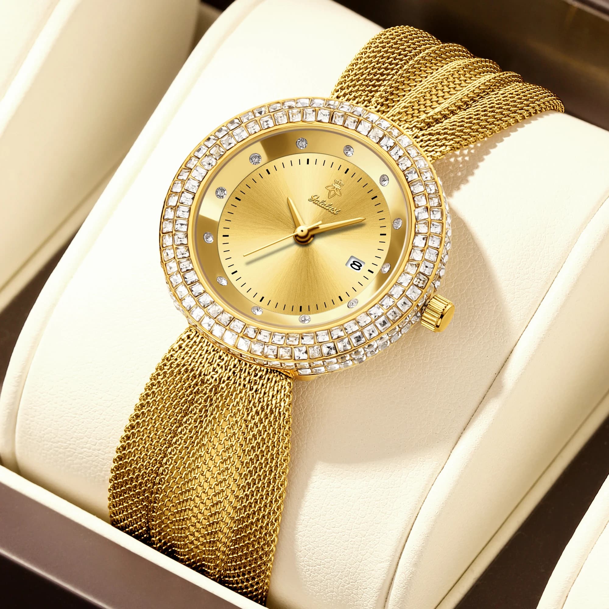 Shiny Rhinestone Women's Quartz Watch Luxury Gold Stainless Steel Mesh Wristband Elegant Ladies Gifts Holiday Gifts