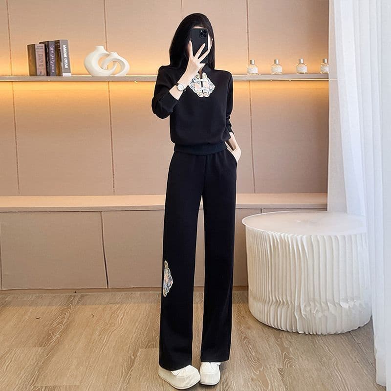 Women's Casual Sportswear Set Frog Button Hoodie Wide Leg Pants Two Piece Outfit For Spring Autumn
