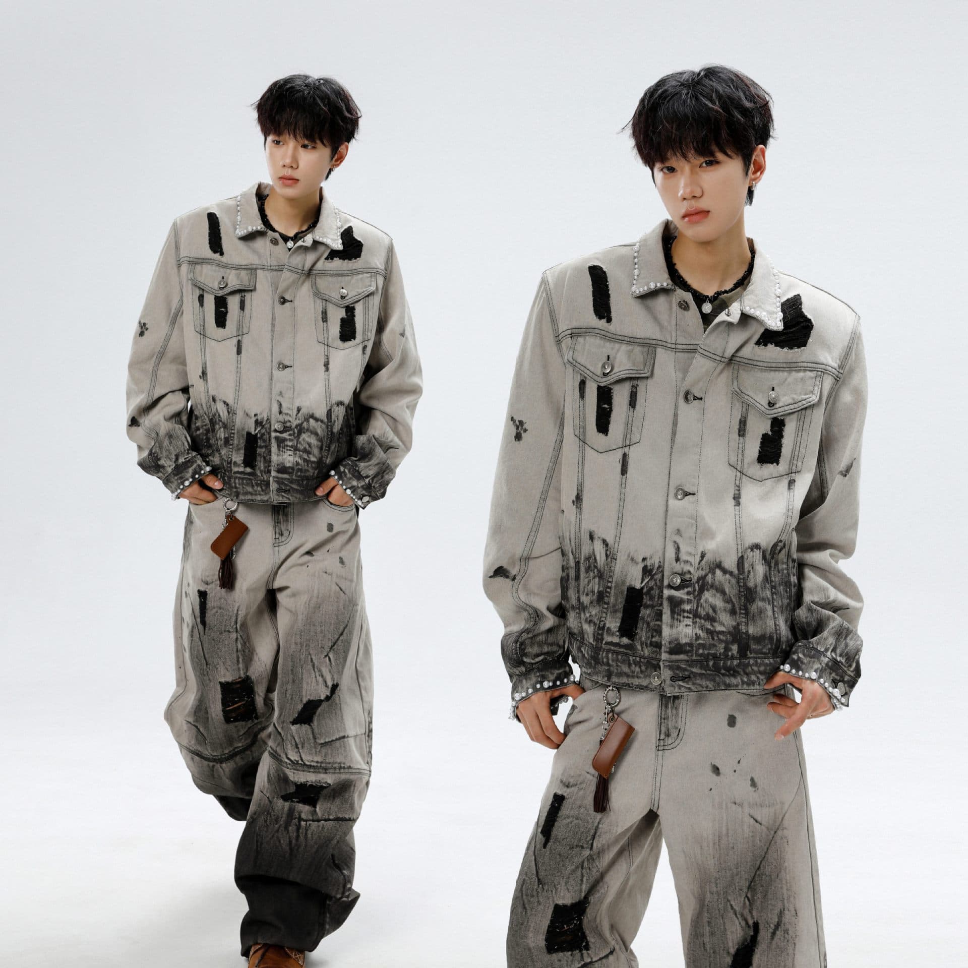 Deconstructed Dystopian Denim Set - Oversized Tie-Dye Jacket & Distressed Curved Hem Joggers, Raw Edge Avant-Garde Streetwear