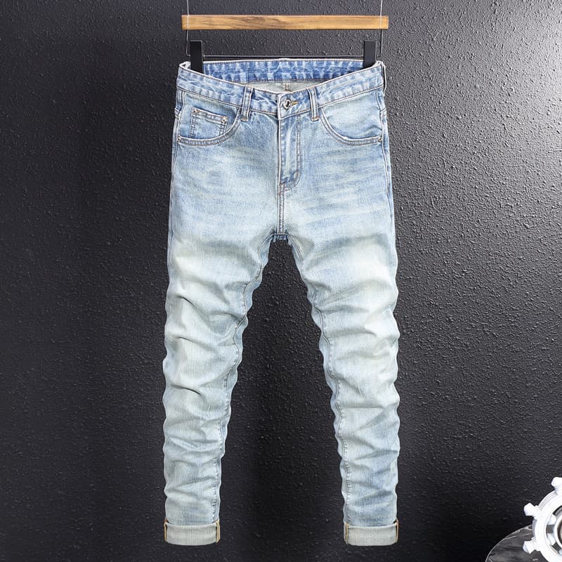 Men's Slim Fit Vintage Washed Blue Jeans Distressed Skinny Denim Pants Faded And Ripped Details Streetwear Style
