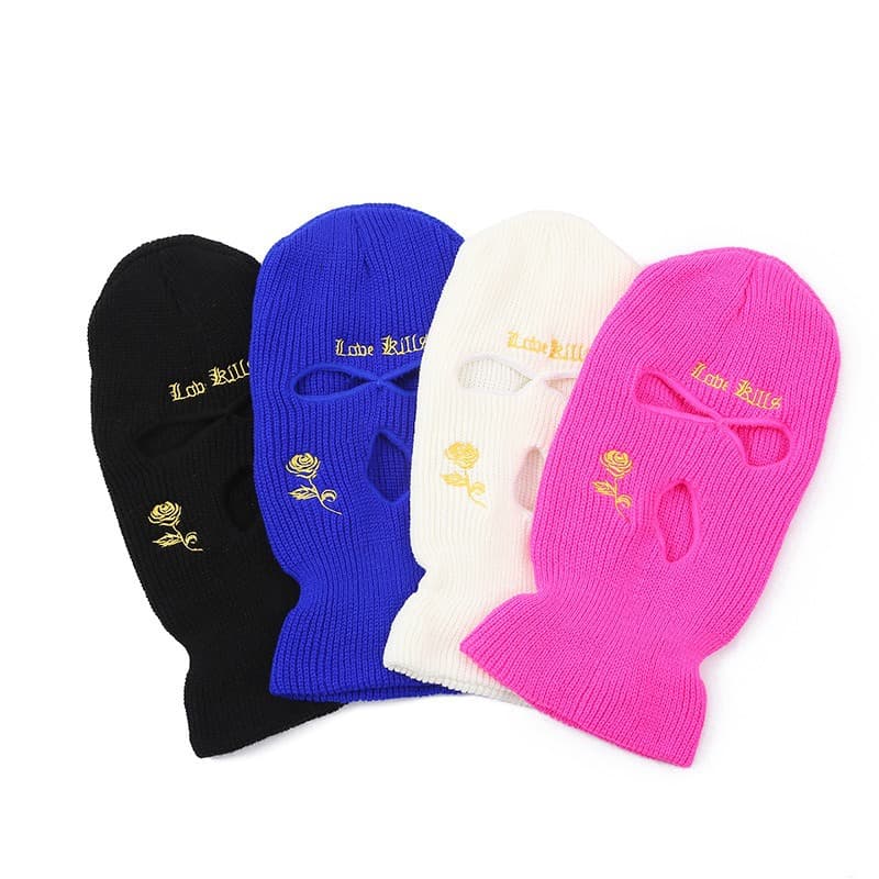 Autumn And Winter Three Hole Knitted Hat Knit Beanie With Rose Embroidery - Warm Winter And Fall Hat For Skiing, Cycling, And Outdoor Activities