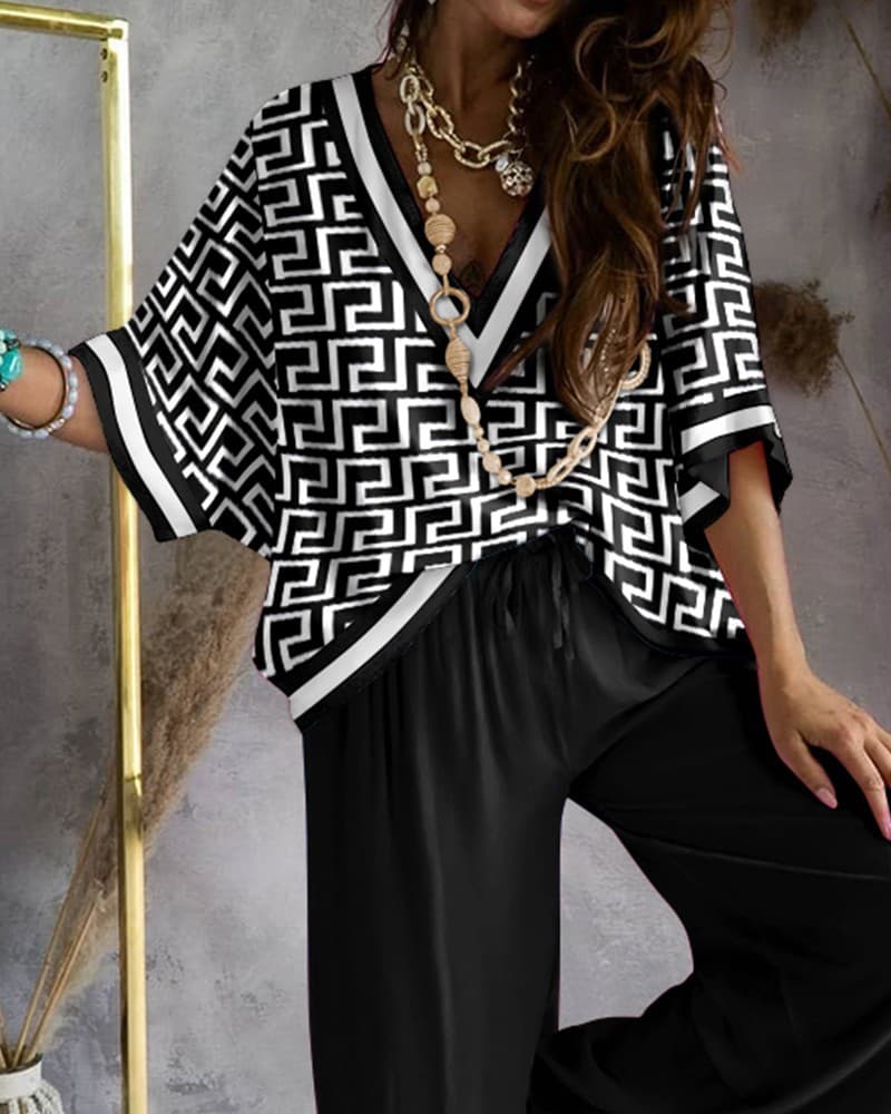New Women's Clothing 2023 Printed Bat Sleeve Casual Top And Wide Leg Pants Set