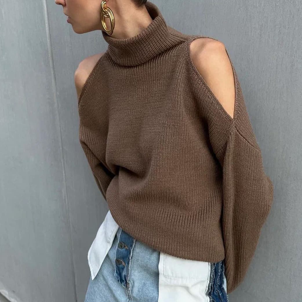 Off-Shoulder High Neck Sweater – Oversized Knit Top With Slouchy Drop Shoulder & Openwork Details (S-L, Brown)