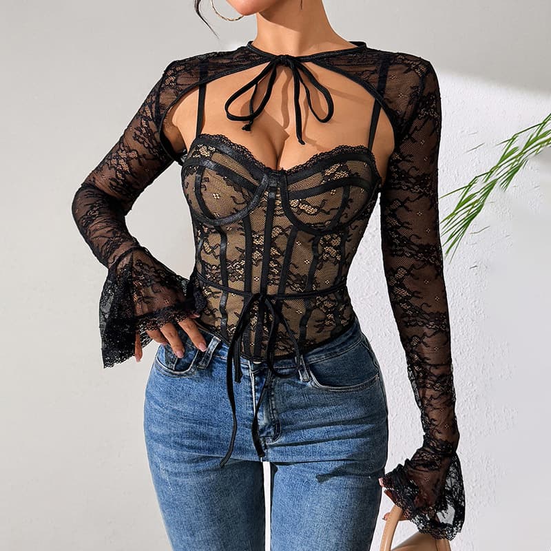 Sexy Lace Mesh Two Piece Hot Girl Camisole Vest Design See Through Backless Long Sleeved Shawl