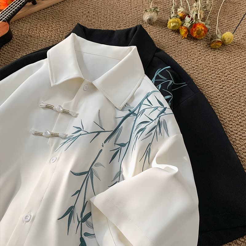 2024 Summer Chinese style short sleeved shirt Men's loose bamboo leaves large fashion brand China-Chic casual shirt