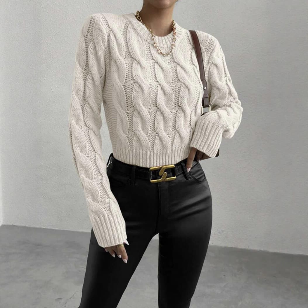 Streetwear Knit Sweater Women’s Oversized Cable Pullover – Winter Trendy Drop-Shoulder Jumper In Black/White/Taupe (S-XL)