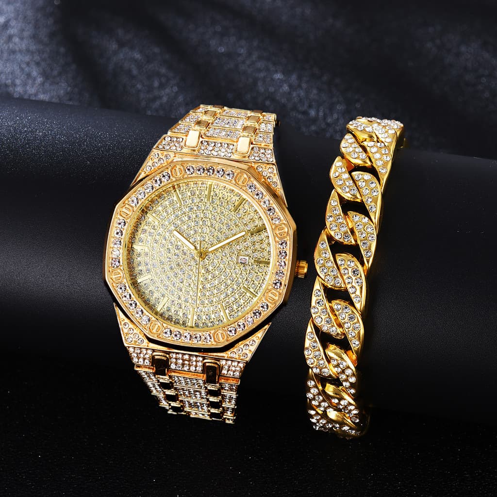 Business fashion trend Diamond Octagonal dial quartz watch + diamond bracelet (2pcs/set)
