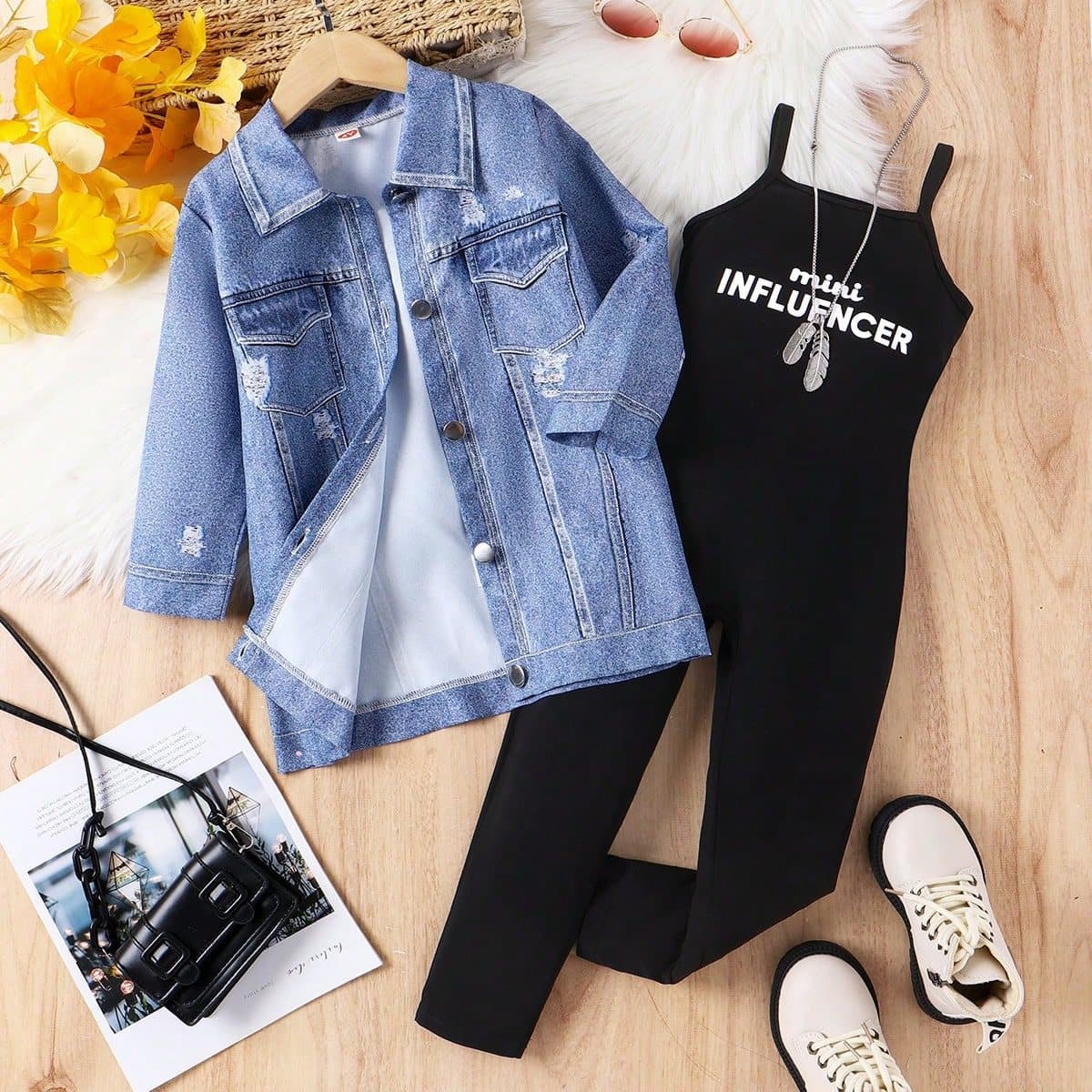 Girls' Children's Two Piece Set Denim Jacket And Suspender Jumpsuit Autumn For Kids Clothing