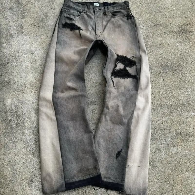 Y2K Embroidered High Waist Jeans Retro Hip-Hop Distressed Patchwork Mini Flare Pants For Women