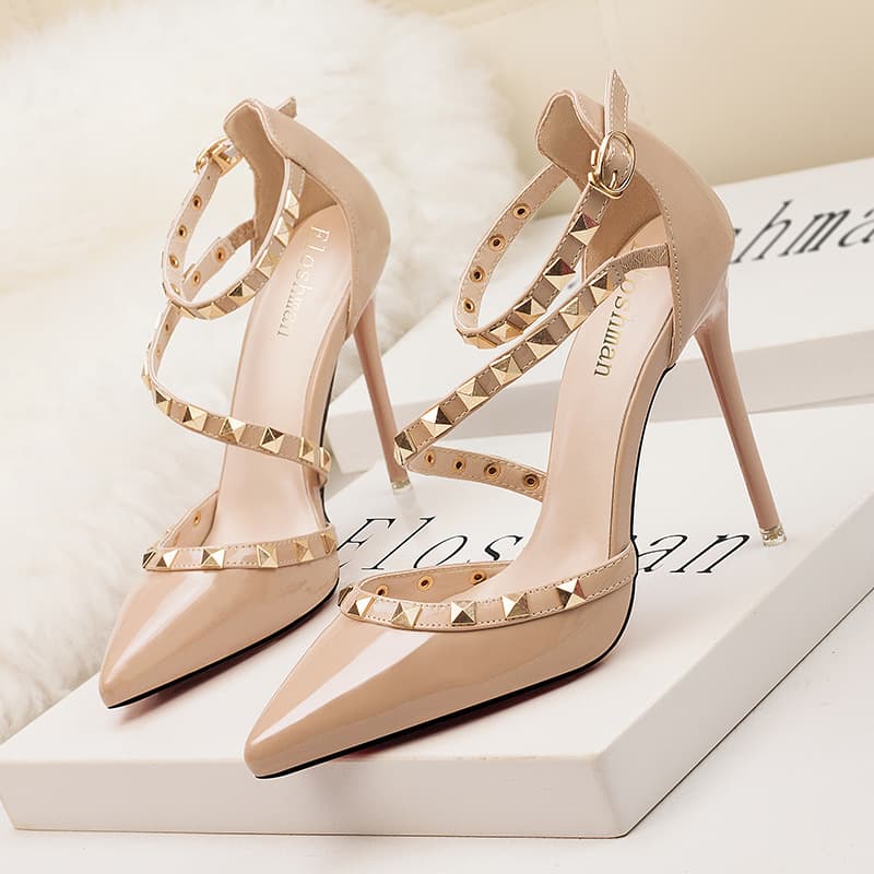 Europe And The United States Simple Sexy Nightclub Stiletto High Heels Shallow Mouth Pointed Rivets Hollow Out One Word Sandals