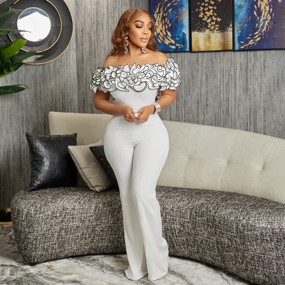 Off-Shoulder Jumpsuit – Elegant Ruffled High-Waist Wide Leg Romper For Women, Breathable Stretch Polyester (White/Black, S-3XL)