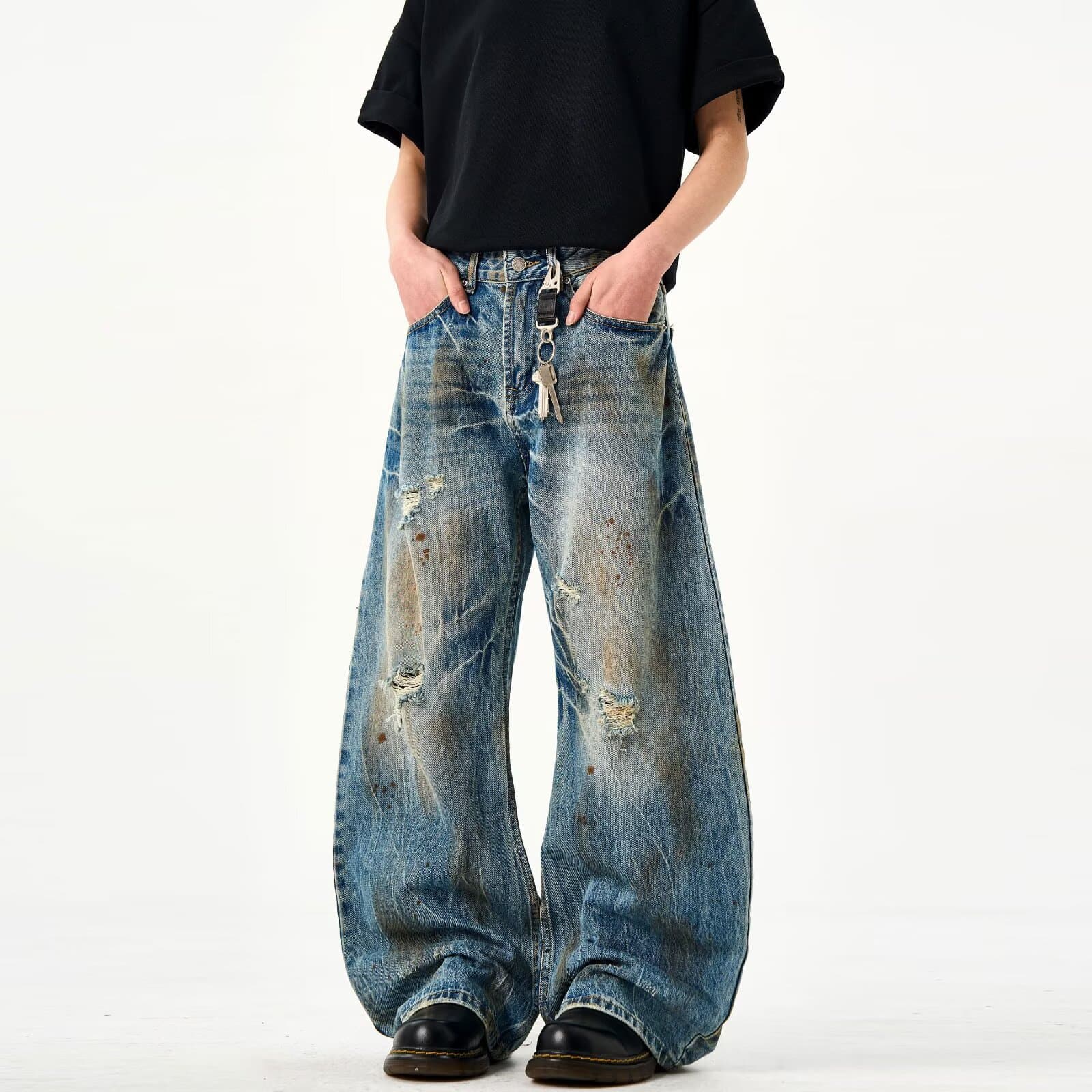 Men's American Style Washed Retro Loose Wide Leg Jeans Trendy Brand Harem Straight Daddy Pants mid Waist Slight Stretch