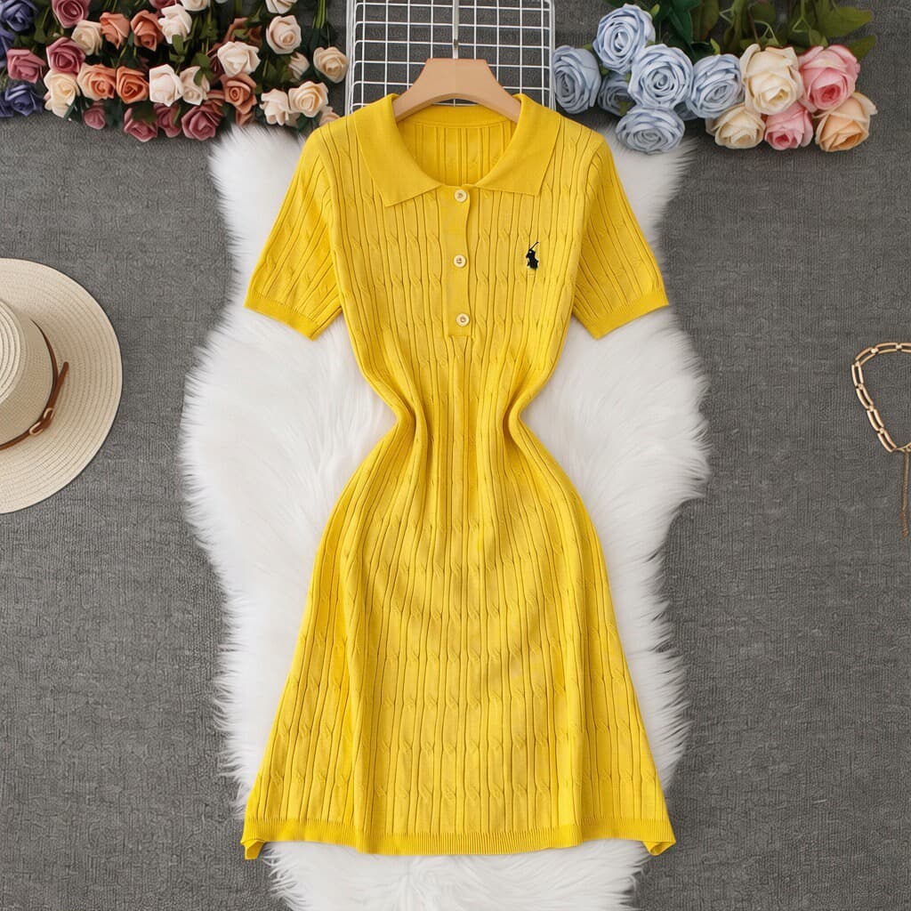 Summer Polo Collar Knitted Bodycon Dress For Women, Slim Fit Short Sleeve Elegant Tunic Dress Versatile Seasonal Colors: