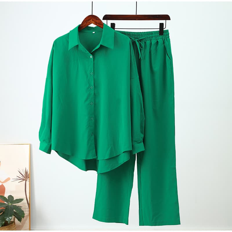 Women’s Clothing Solid Color Casual Wrinkled Cardigan Two Piece Set With Loose Casual Long Sleeved Trousers Cardigan Suit