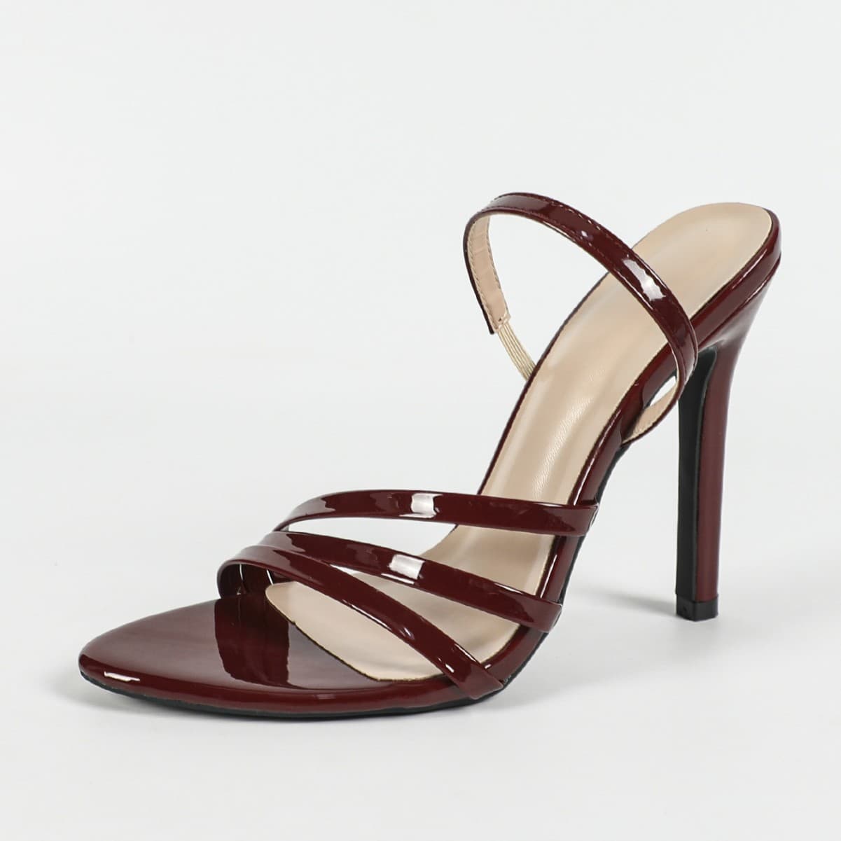 Women's Patent Leather Multi-line Back Ankle Strap Round Toe Stiletto Sandals Party Burgundy Heels