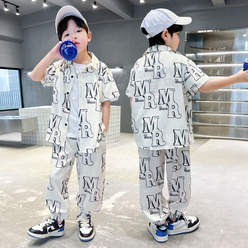 Boys' Cool Summer Short-Sleeved Shirt Set Toddler Two-Piece Outfit Chiffon Letter Print Baby Clothes for Spring And Summer